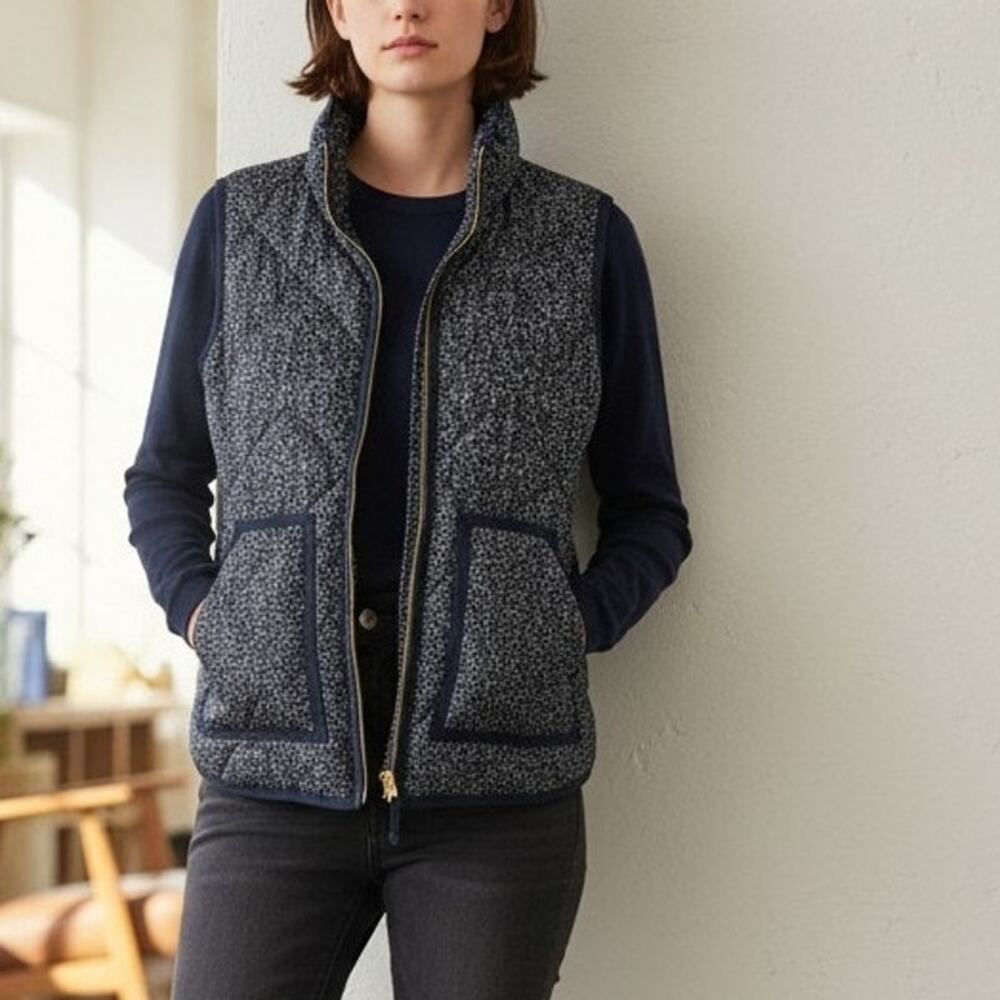 NWOT J.CREW Excursion Vest Quilted Down Lightweight Speckled Print Navy XXS/XS/S